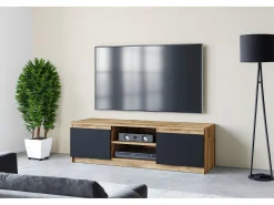 New Móvel de TV simples 120 cm com LED, para televisor, 2 armários e prateleiras, corpo carvalho wotan, frentes preto fosco Natural escuro