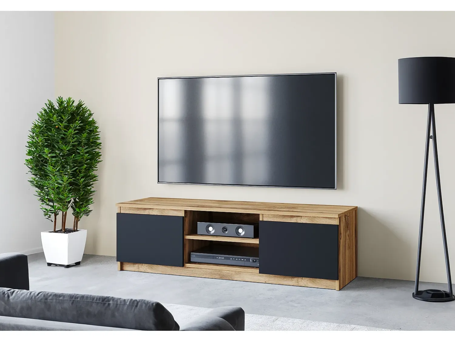 New Móvel de TV simples 120 cm com LED, para televisor, 2 armários e prateleiras, corpo carvalho wotan, frentes preto fosco Natural escuro