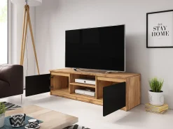 New Móvel de TV simples 120 cm com LED, para televisor, 2 armários e prateleiras, corpo carvalho wotan, frentes preto fosco Natural escuro