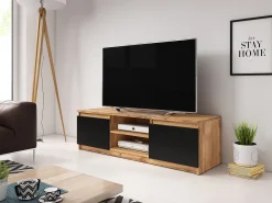 New Móvel de TV simples 120 cm com LED, para televisor, 2 armários e prateleiras, corpo carvalho wotan, frentes preto fosco Natural escuro