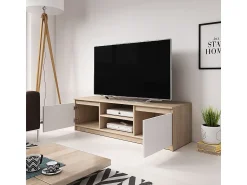 Móvel De Tv* Móvel de TV simples 120 cm com LED, para televisor, 2 armários e prateleiras, corpo carvalho sonoma, frentes branco fosco Natural claro