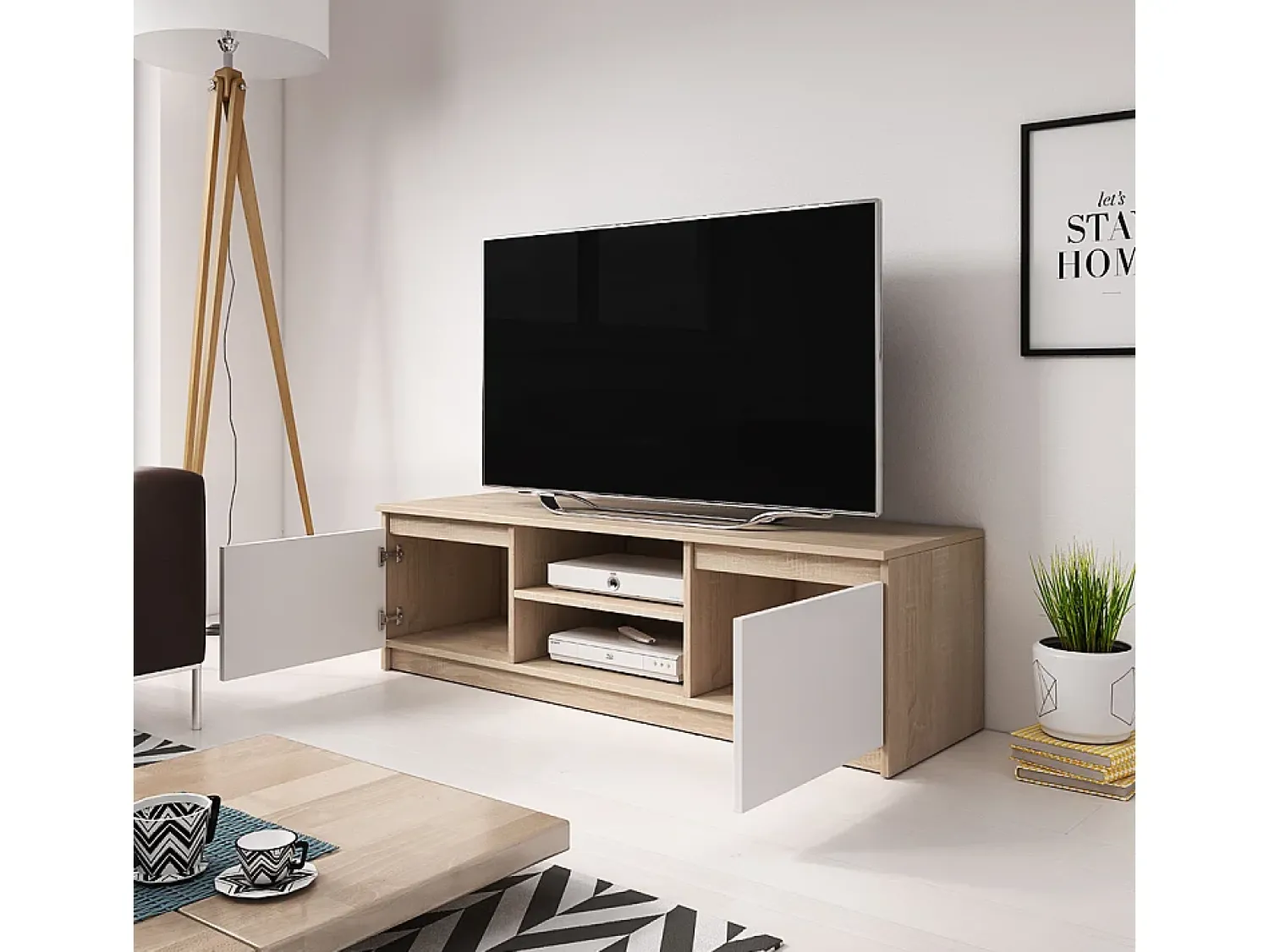 Móvel De Tv* Móvel de TV simples 120 cm com LED, para televisor, 2 armários e prateleiras, corpo carvalho sonoma, frentes branco fosco Natural claro