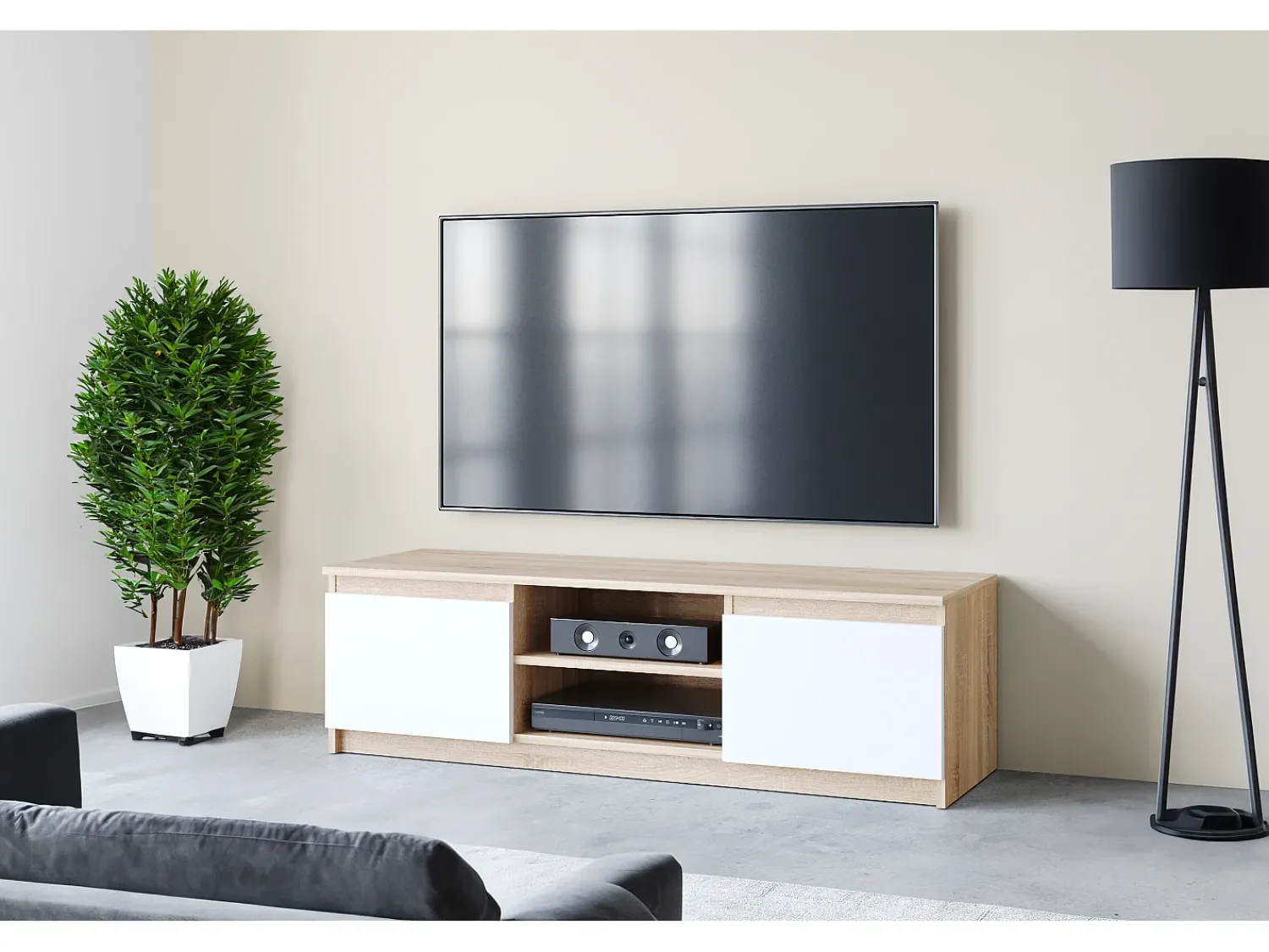 Móvel De Tv* Móvel de TV simples 120 cm com LED, para televisor, 2 armários e prateleiras, corpo carvalho sonoma, frentes branco fosco Natural claro