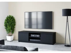 Móvel De Tv| Móvel de TV simples 120 cm com LED, para televisor, 2 armários e prateleiras, fosco Preto