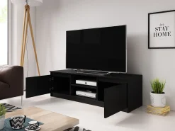 Móvel De Tv| Móvel de TV simples 120 cm com LED, para televisor, 2 armários e prateleiras, fosco Preto