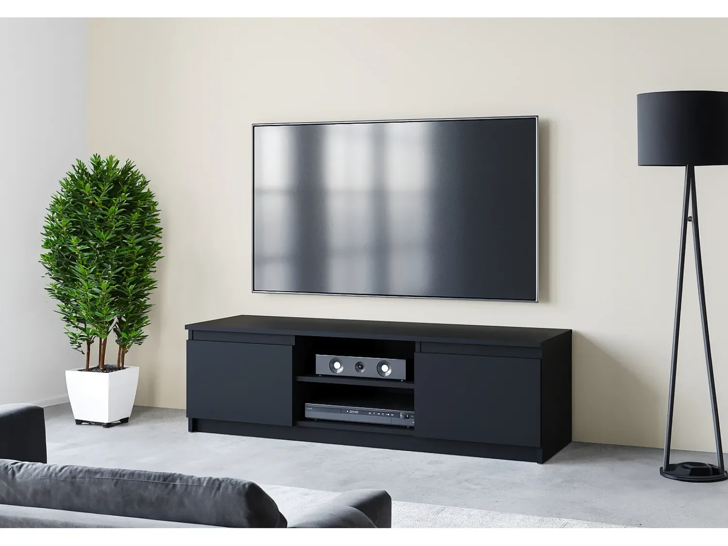 Móvel de TV simples 120 cm, para televisor, 2 armários e prateleiras, estrutura preta, frentes mate^ Móvel De Tv