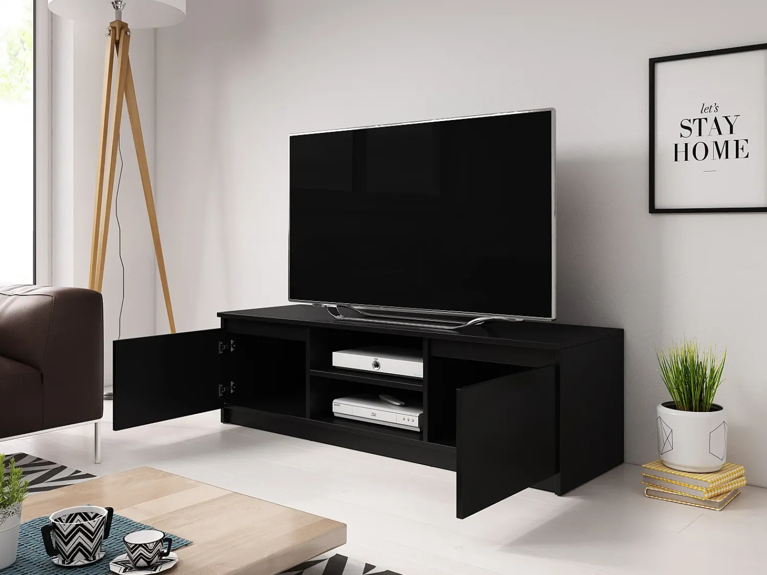 Móvel de TV simples 120 cm, para televisor, 2 armários e prateleiras, estrutura preta, frentes mate^ Móvel De Tv