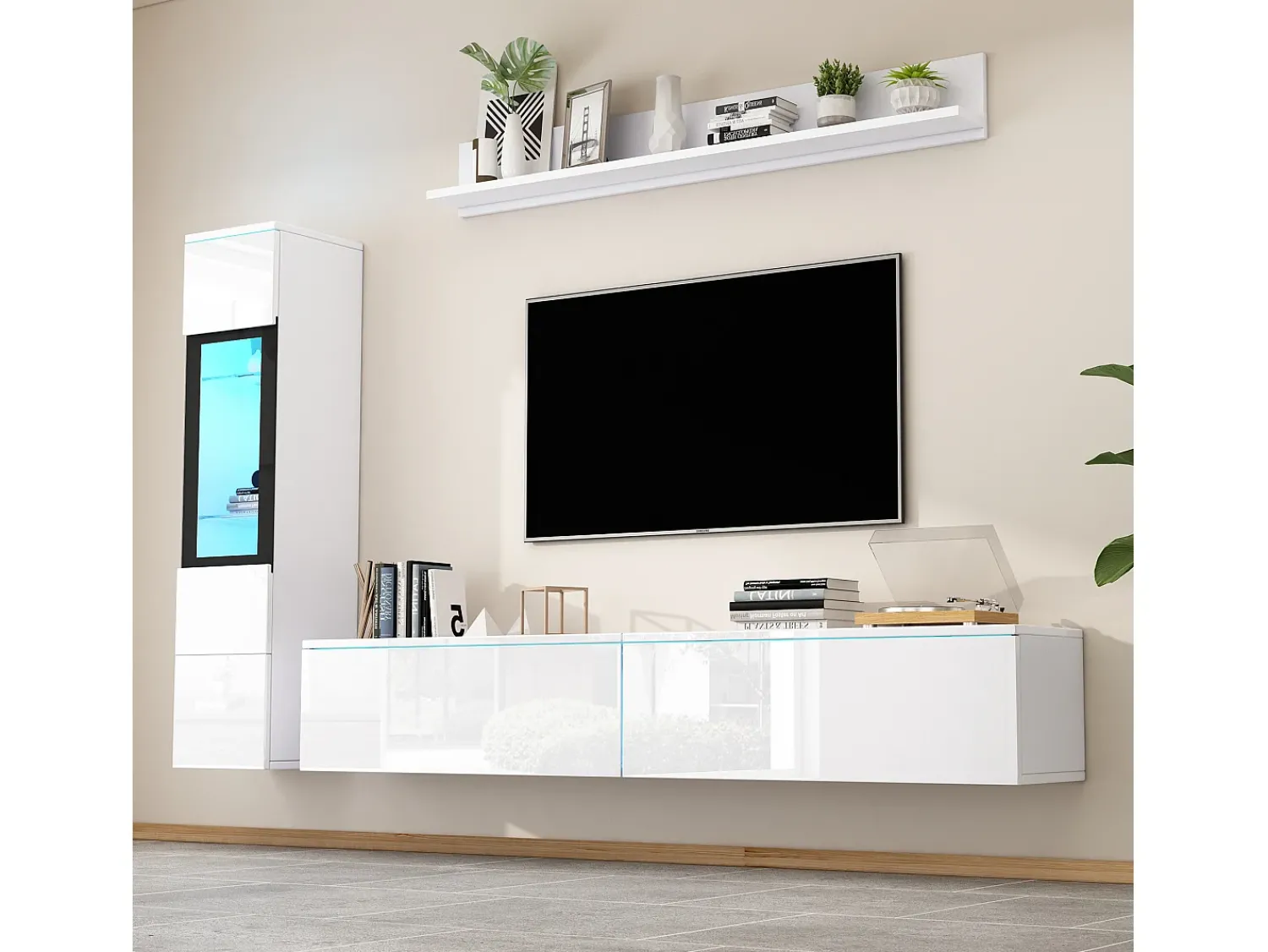 Merax Móvel de TV suspenso + conjunto de vitrine de sala - LEDs - Aglomerado - brilhante^ Móvel De Tv