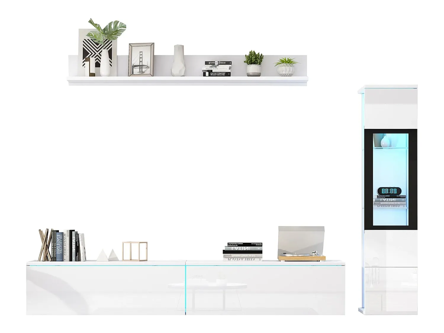 Merax Móvel de TV suspenso + conjunto de vitrine de sala - LEDs - Aglomerado - brilhante^ Móvel De Tv