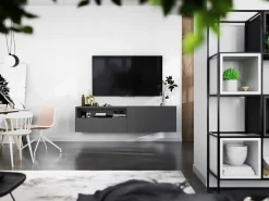 Móvel de TV suspenso com 1 porta e nicho, gaveta – corpo Grafite mate, frentes Grafite mate – 120 cm Cinzento