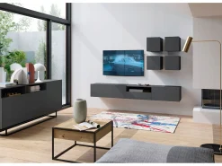 Móvel de TV suspenso com 1 porta e nicho, gaveta – corpo Grafite mate, frentes Grafite mate – 120 cm Cinzento