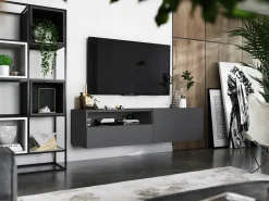 Móvel de TV suspenso com 1 porta e nicho, gaveta – corpo Grafite mate, frentes Grafite mate – 120 cm Cinzento