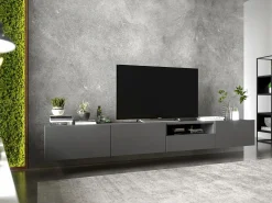 Móvel de TV suspenso com 1 porta e nicho, gaveta – corpo Grafite mate, frentes Grafite mate – 120 cm Cinzento