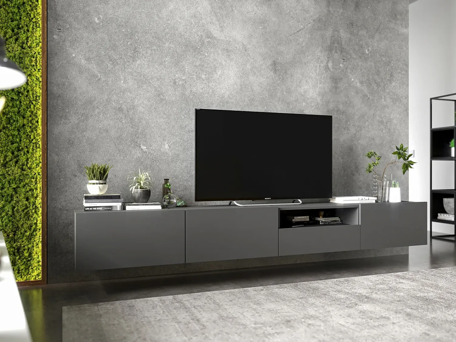 Móvel de TV suspenso com 1 porta e nicho, gaveta – corpo Grafite mate, frentes Grafite mate – 120 cm Cinzento
