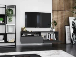 Móvel de TV suspenso com 1 porta e nicho, gaveta – corpo Grafite mate, frentes Grafite mate – 120 cm Cinzento