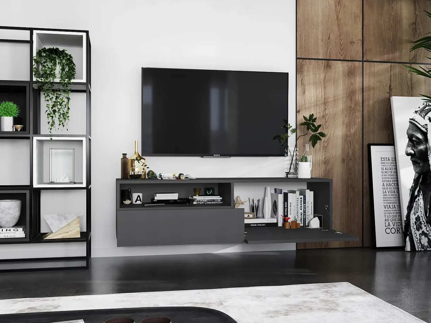 Móvel de TV suspenso com 1 porta e nicho, gaveta – corpo Grafite mate, frentes Grafite mate – 120 cm Cinzento