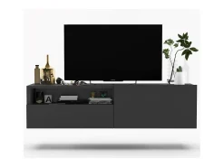 Móvel de TV suspenso com 1 porta e nicho, gaveta – corpo Grafite mate, frentes Grafite mate – 120 cm Cinzento