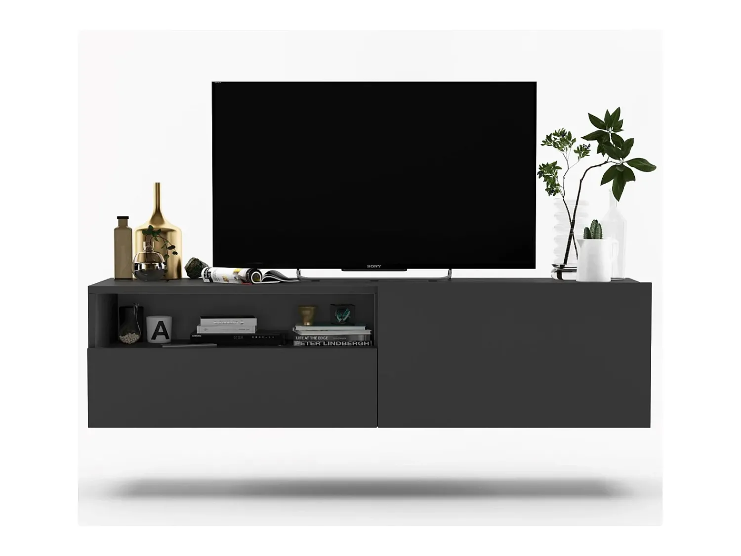 Móvel de TV suspenso com 1 porta e nicho, gaveta – corpo Grafite mate, frentes Grafite mate – 120 cm Cinzento