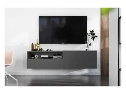 Móvel de TV suspenso com 1 porta e nicho, gaveta – corpo Grafite mate, frentes Grafite mate – 120 cm Cinzento
