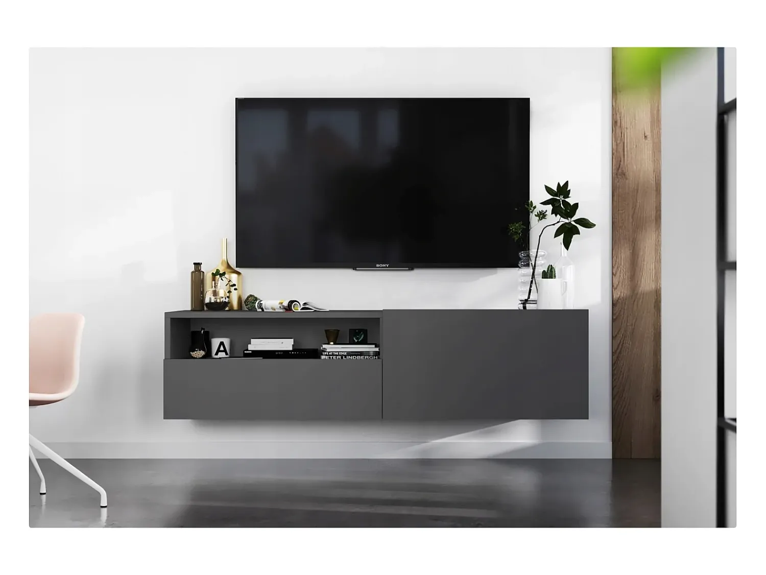 Móvel de TV suspenso com 1 porta e nicho, gaveta – corpo Grafite mate, frentes Grafite mate – 120 cm Cinzento