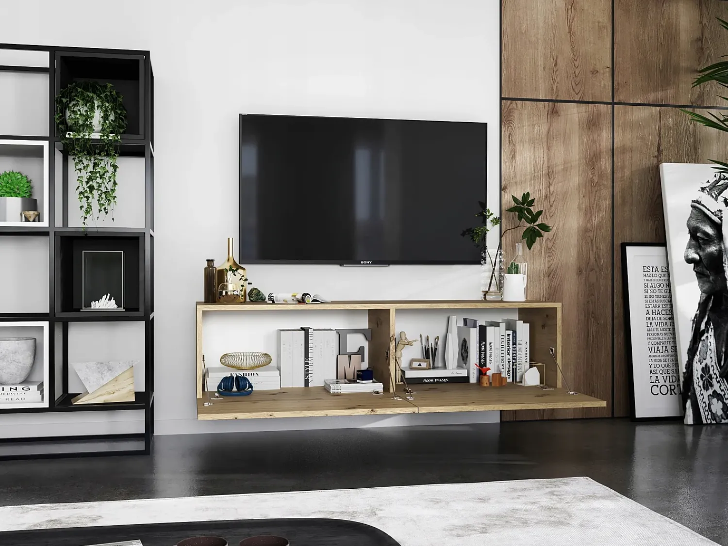 Móvel De Tv* Móvel de TV suspenso com 2 portas - corpo Carvalho artesanal mate, frentes Carvalho artesanal mate - 120 cm Castanho
