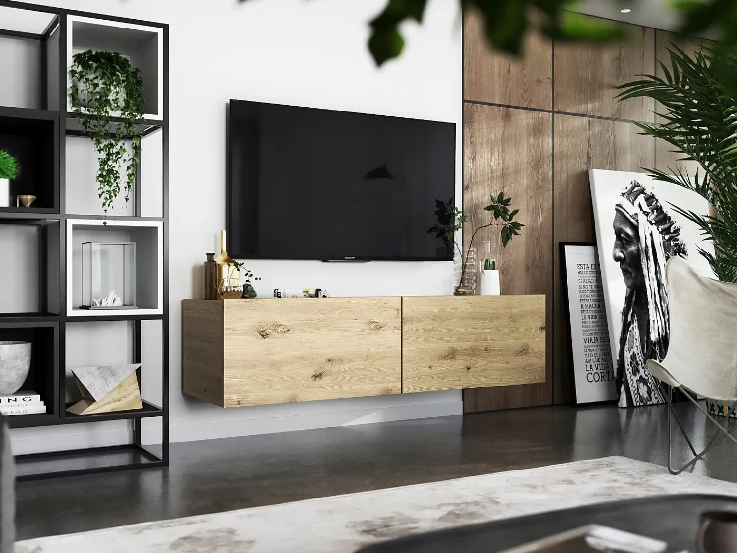 Móvel De Tv* Móvel de TV suspenso com 2 portas - corpo Carvalho artesanal mate, frentes Carvalho artesanal mate - 120 cm Castanho