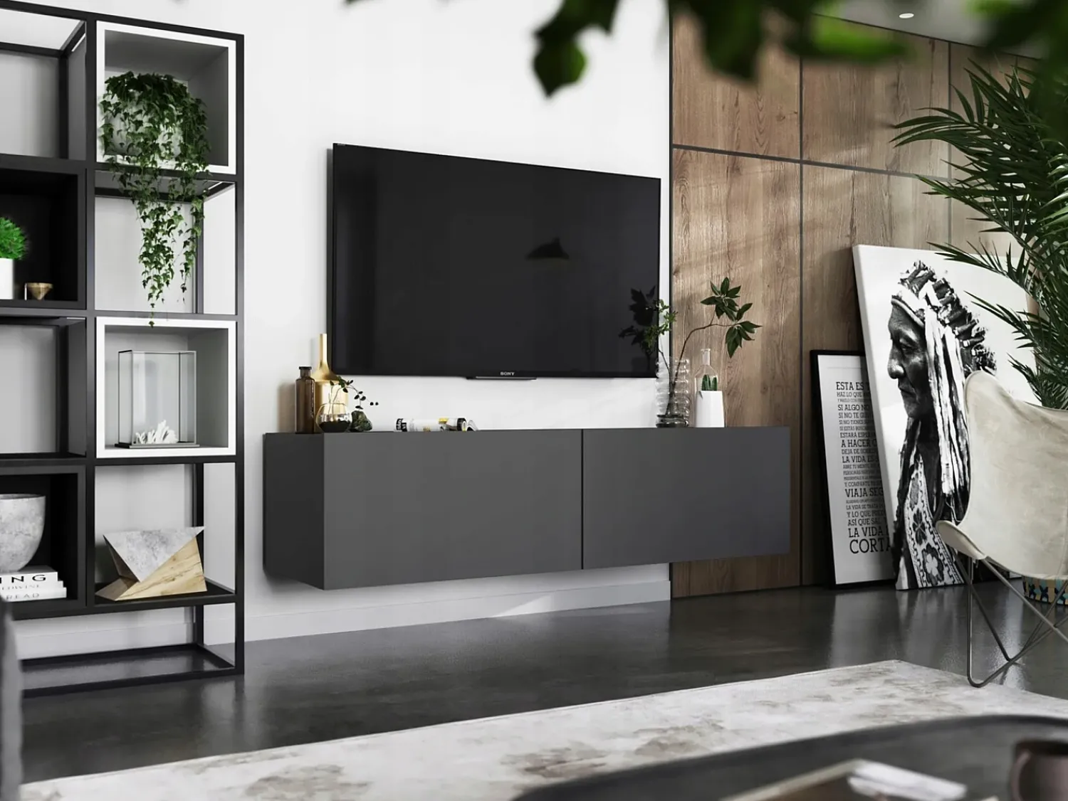 Clearance Móvel de TV suspenso com 2 portas - corpo Grafite fosco, frentes Grafite fosco - 120 cm Cinzento