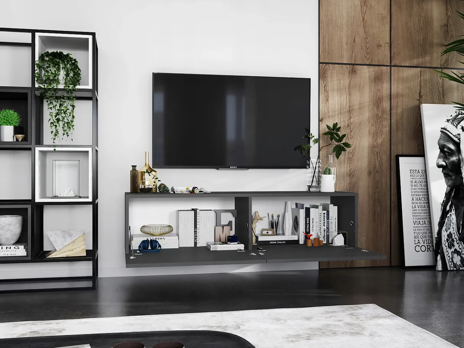 Clearance Móvel de TV suspenso com 2 portas - corpo Grafite fosco, frentes Grafite fosco - 120 cm Cinzento