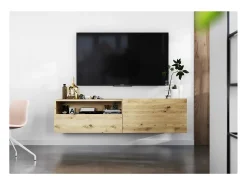 Hot Móvel de TV suspenso com 1 porta, nicho e gaveta – Corpo Carvalho artisan mate, frentes Carvalho artisan mate – 120 cm Castanho
