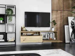 Hot Móvel de TV suspenso com 1 porta, nicho e gaveta – Corpo Carvalho artisan mate, frentes Carvalho artisan mate – 120 cm Castanho