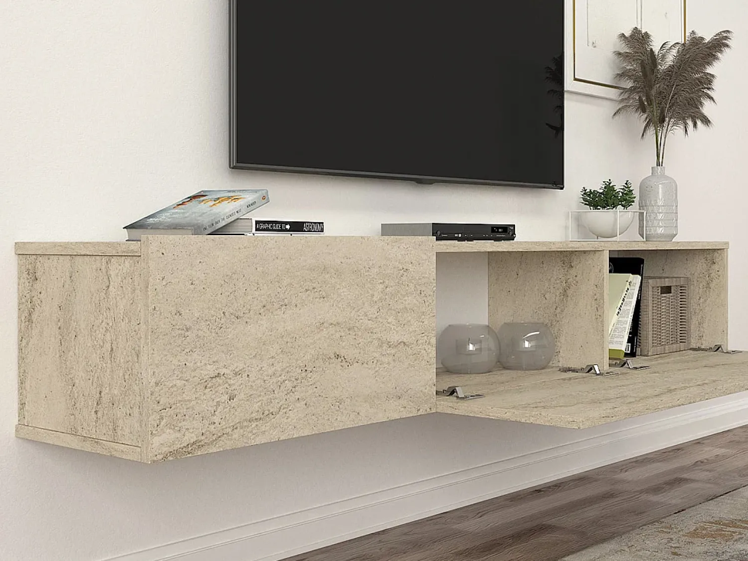 Móvel De Tv*Vente-unique Móvel de TV suspenso com 3 portas - Efeito travertino - VIKILA Bege