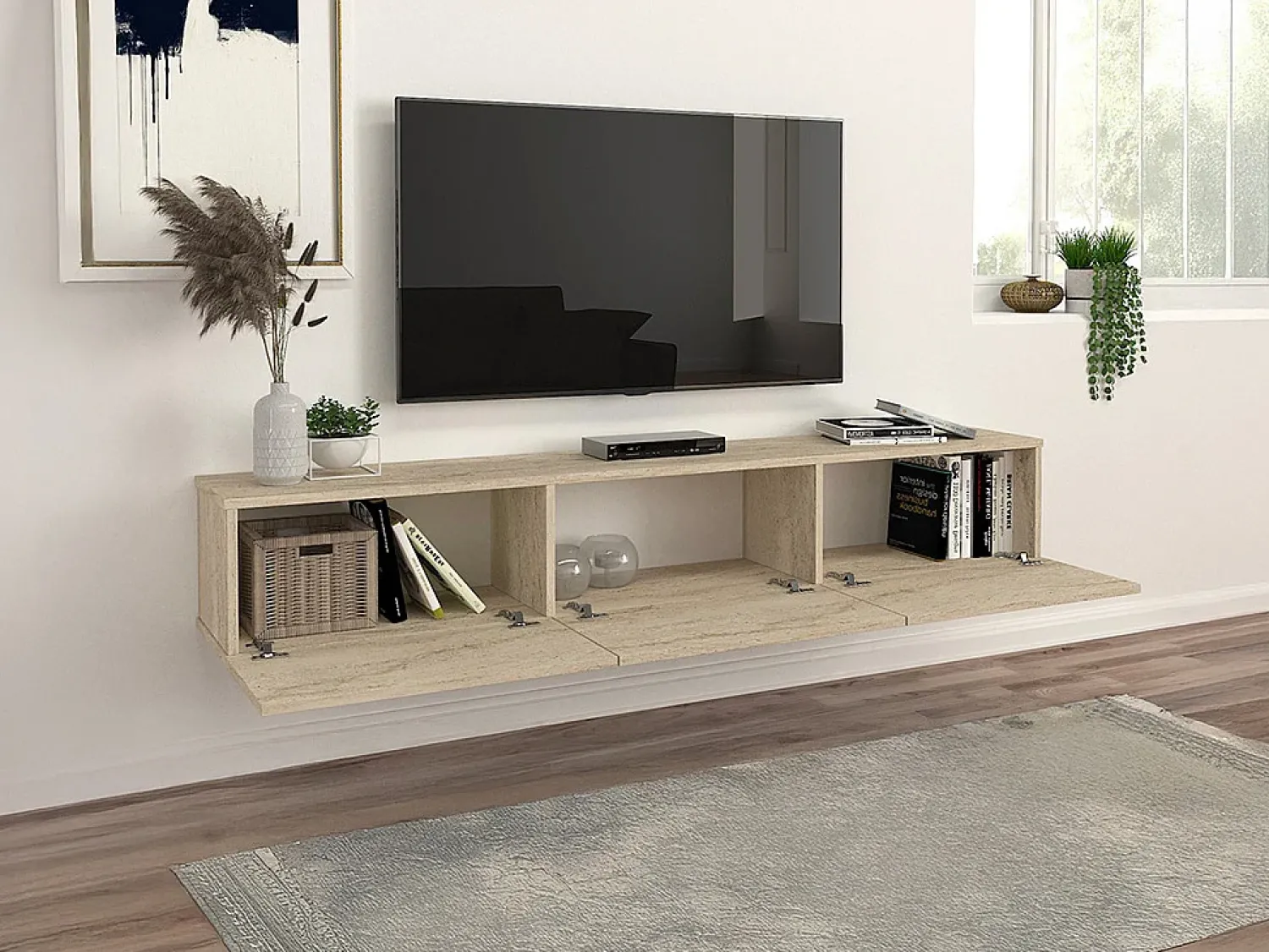 Móvel De Tv*Vente-unique Móvel de TV suspenso com 3 portas - Efeito travertino - VIKILA Bege