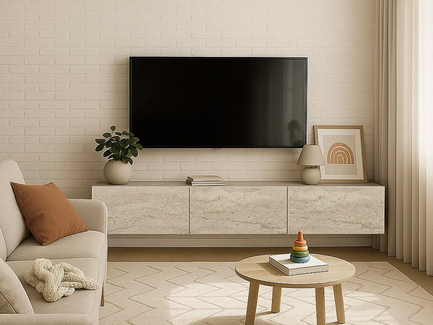 Móvel De Tv*Vente-unique Móvel de TV suspenso com 3 portas - Efeito travertino - VIKILA Bege