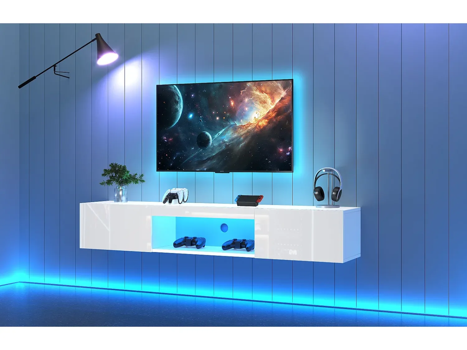 Merax Móvel de TV suspenso com 2 portas e compartimento aberto - 160 x 31 x 22 cm - LEDs - Aglomerado - brilhante^ Móvel De Tv