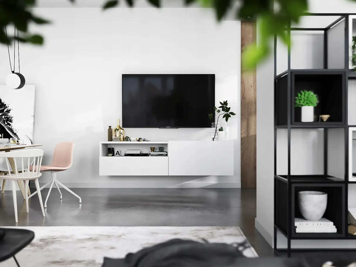 Clearance Móvel de TV suspenso com 1 porta, nicho e gaveta – Corpo mate, frentes mate – 120 cm Branco