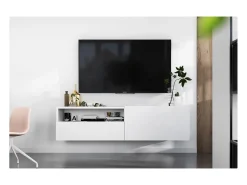Clearance Móvel de TV suspenso com 1 porta, nicho e gaveta – Corpo mate, frentes mate – 120 cm Branco