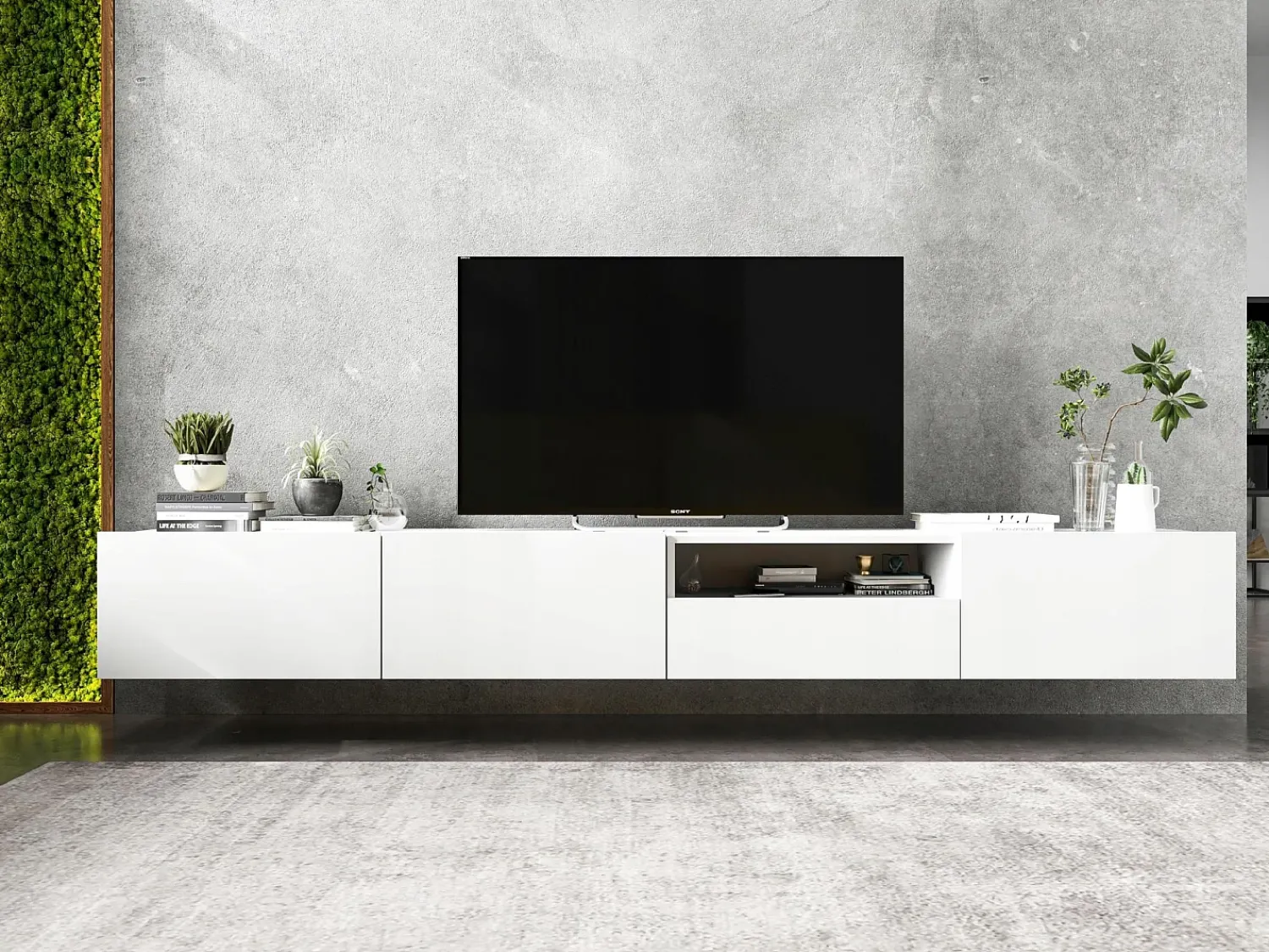 Clearance Móvel de TV suspenso com 1 porta, nicho e gaveta – Corpo mate, frentes mate – 120 cm Branco