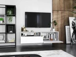 Clearance Móvel de TV suspenso com 1 porta, nicho e gaveta – Corpo mate, frentes mate – 120 cm Branco