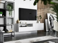 Clearance Móvel de TV suspenso com 1 porta, nicho e gaveta – Corpo mate, frentes mate – 120 cm Branco