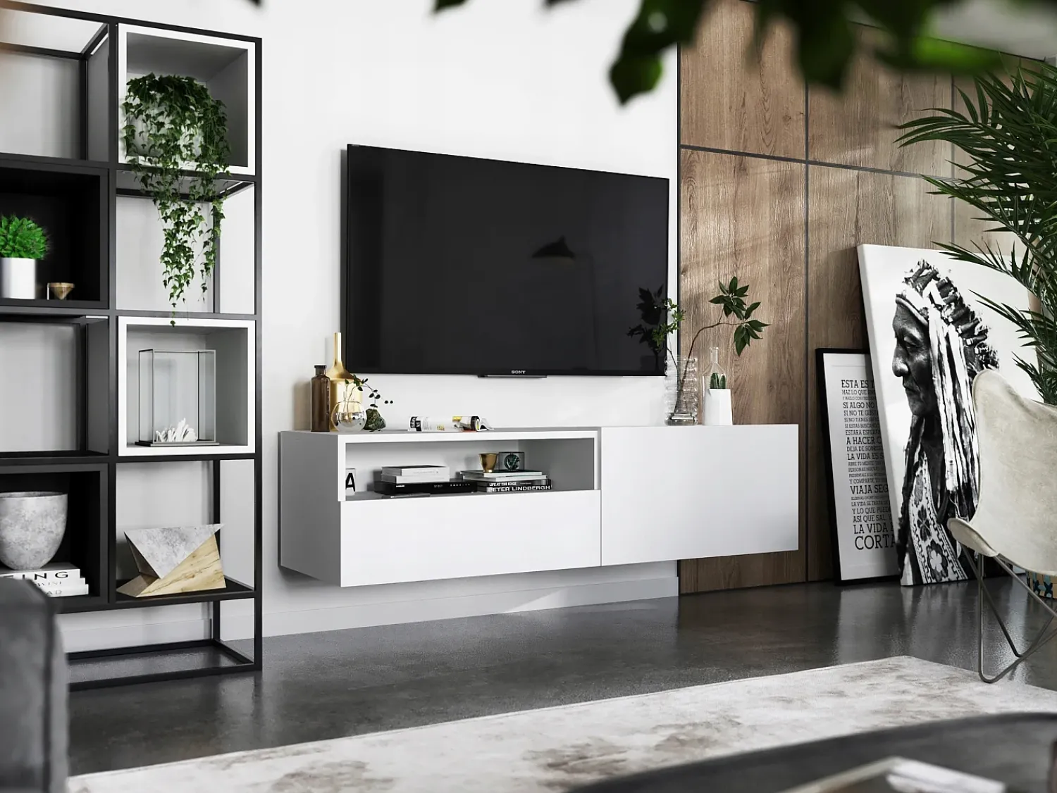 Clearance Móvel de TV suspenso com 1 porta, nicho e gaveta – Corpo mate, frentes mate – 120 cm Branco