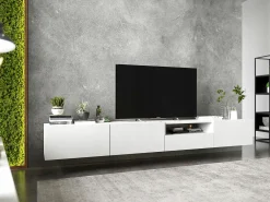 Clearance Móvel de TV suspenso com 1 porta, nicho e gaveta – Corpo mate, frentes mate – 120 cm Branco