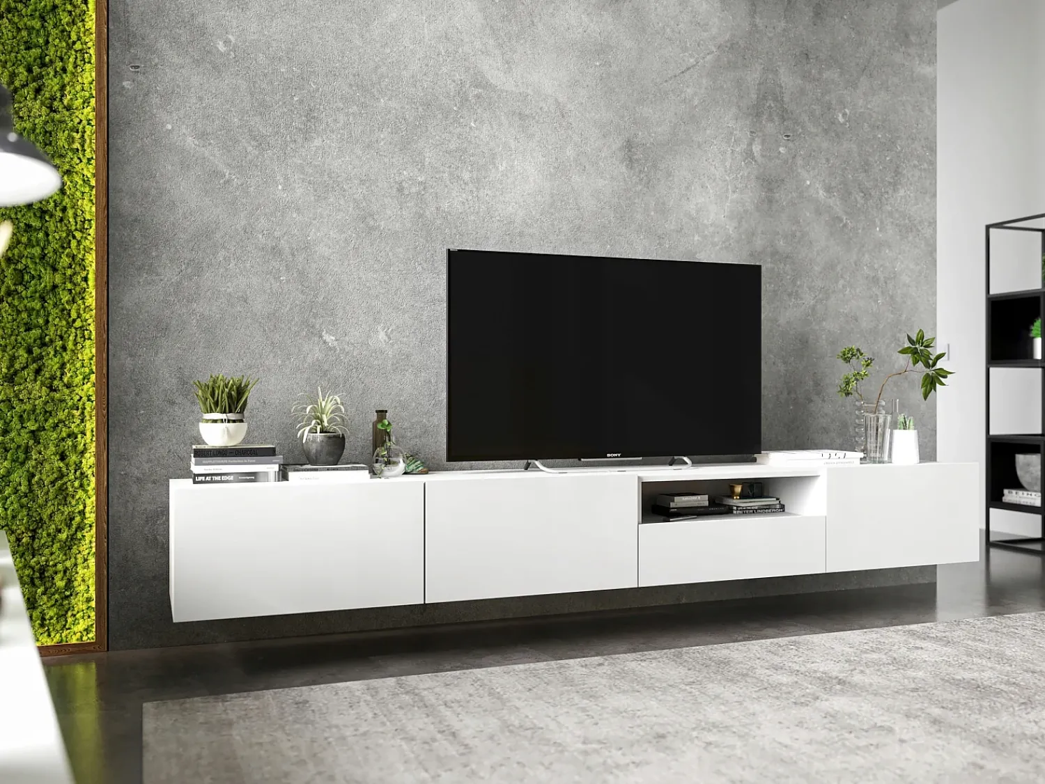 Clearance Móvel de TV suspenso com 1 porta, nicho e gaveta – Corpo mate, frentes mate – 120 cm Branco