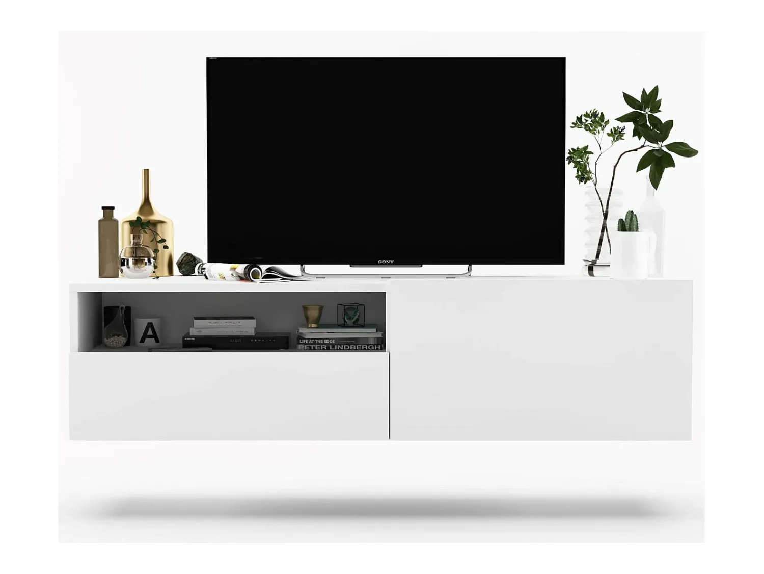 Clearance Móvel de TV suspenso com 1 porta, nicho e gaveta – Corpo mate, frentes mate – 120 cm Branco