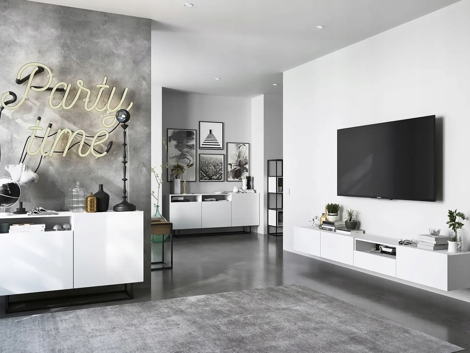 Clearance Móvel de TV suspenso com 1 porta, nicho e gaveta – Corpo mate, frentes mate – 120 cm Branco