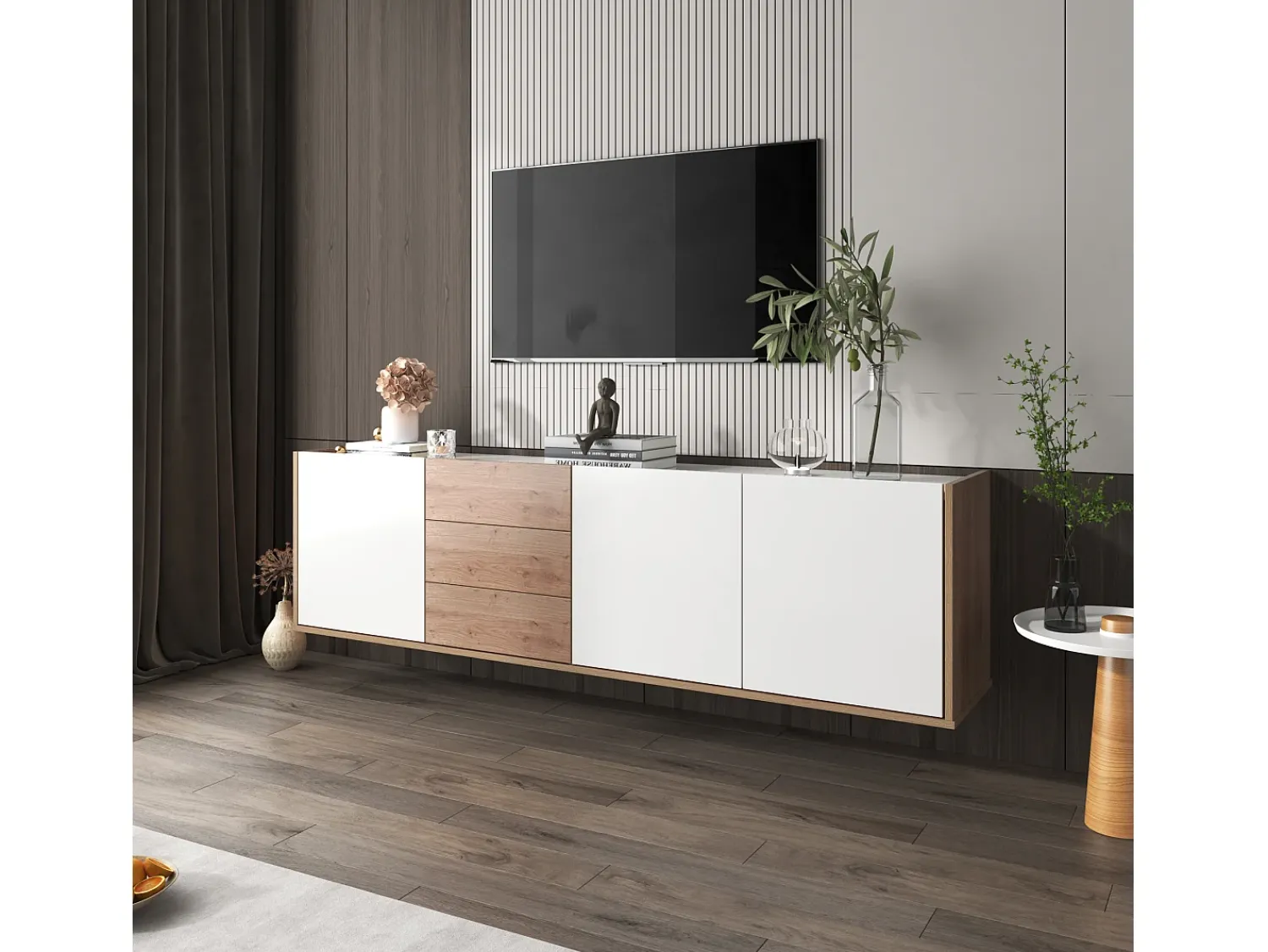 Móvel De Tv|Merax Móvel de TV suspenso ou móvel de TV com 3 gavetas e 3 portas - 171,5 C x 35 L x 47 A cm - Aglomerado - + natural Branco