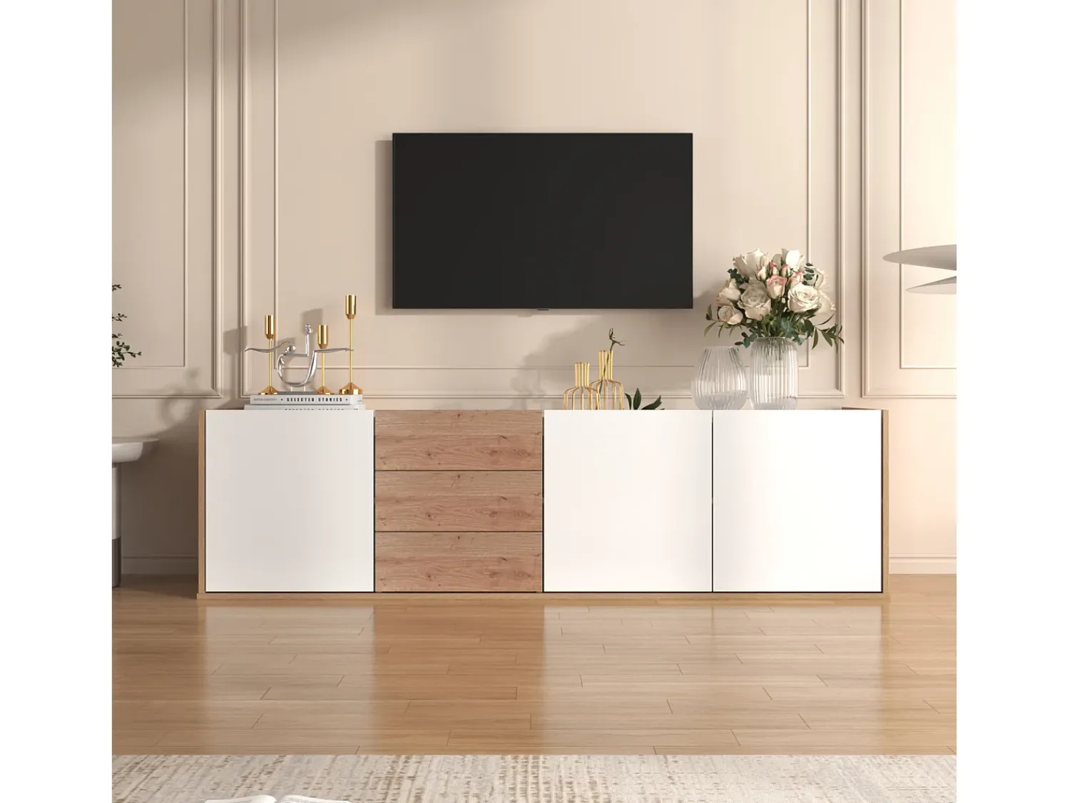 Móvel De Tv|Merax Móvel de TV suspenso ou móvel de TV com 3 gavetas e 3 portas - 171,5 C x 35 L x 47 A cm - Aglomerado - + natural Branco