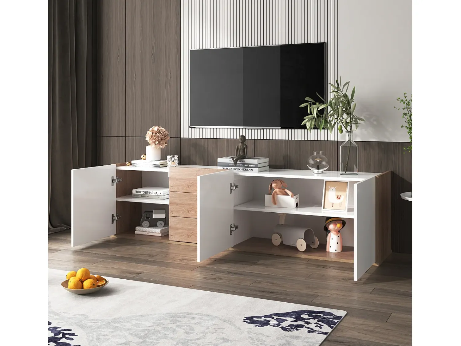 Móvel De Tv|Merax Móvel de TV suspenso ou móvel de TV com 3 gavetas e 3 portas - 171,5 C x 35 L x 47 A cm - Aglomerado - + natural Branco