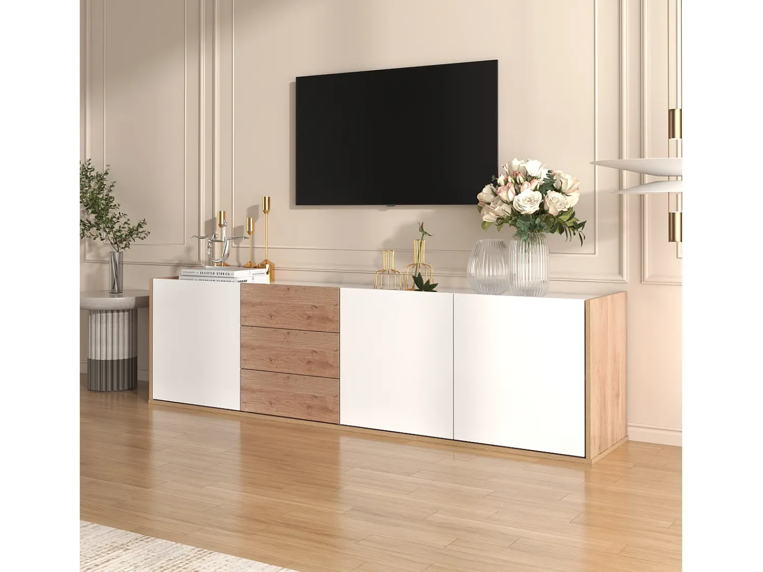 Móvel De Tv|Merax Móvel de TV suspenso ou móvel de TV com 3 gavetas e 3 portas - 171,5 C x 35 L x 47 A cm - Aglomerado - + natural Branco