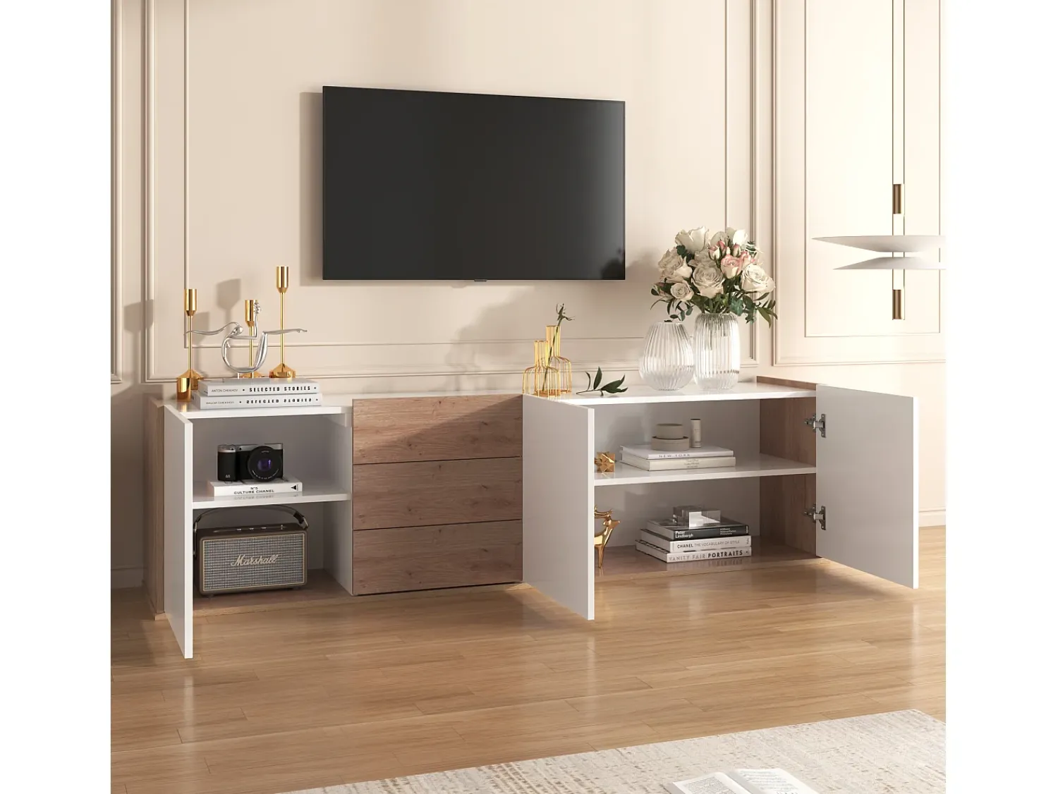 Móvel De Tv|Merax Móvel de TV suspenso ou móvel de TV com 3 gavetas e 3 portas - 171,5 C x 35 L x 47 A cm - Aglomerado - + natural Branco