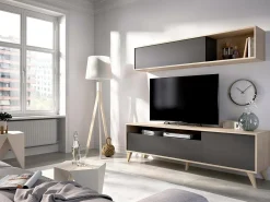 Móvel De Tv|Dmora Móvel de TV Tambo, móvel de sala de TV, móvel de sala multiuso, 180x41h180 cm, antracite e carvalho nó Preto